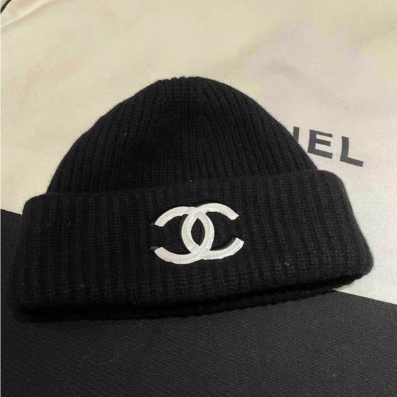 CHANEL Shoes - CHANEL Black Knit Hat with White Logo